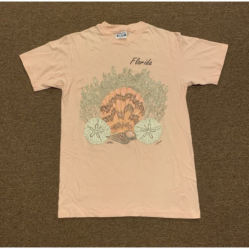 Vintage Men’s L Florida 90s Coral Sea Shells Single Stitch Pink Graphic T-Shirt